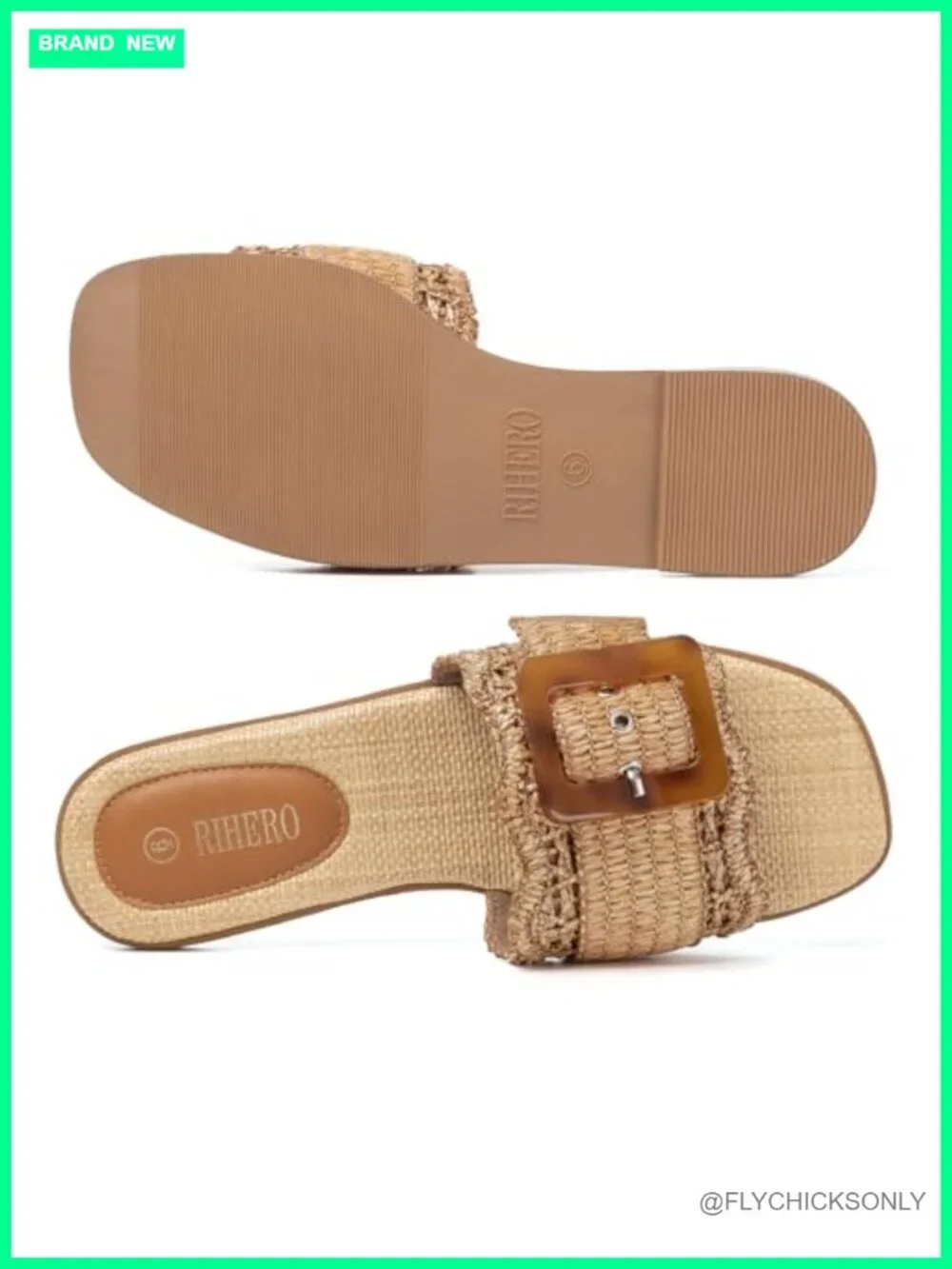 Woven Raffia Slide Sandals with Square Toe and Buckle